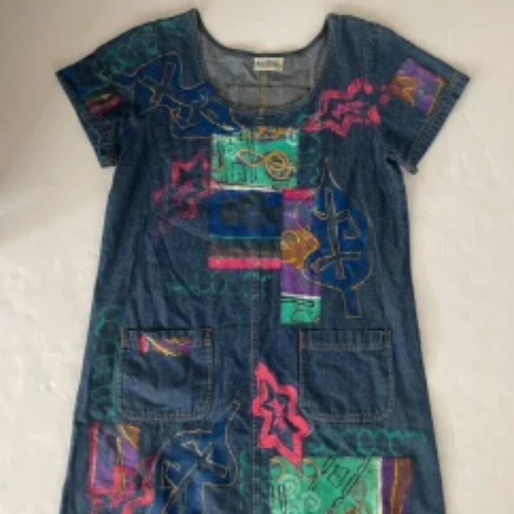 V.C. Torias Art to Wear Signed T-Shirt Dress‎ S/M VTG 90's Blue Denim